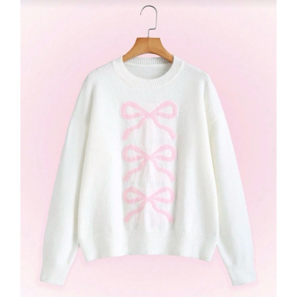 SHEIN White and Pink Bow Sweater